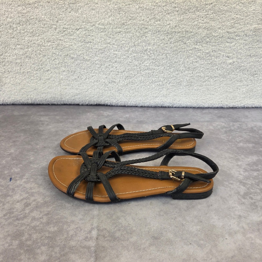 Palms Womens Strappy Flat Sandals Black Braided Buckle Summer Shoes Size 7M